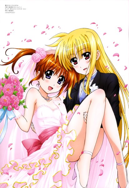 Anime picture 2821x4092 with mahou shoujo lyrical nanoha fate testarossa takamachi nanoha okuda yasuhiro long hair tall image blush highres open mouth blonde hair red eyes purple eyes multiple girls scan orange hair official art side ponytail girl dress flower (flowers)