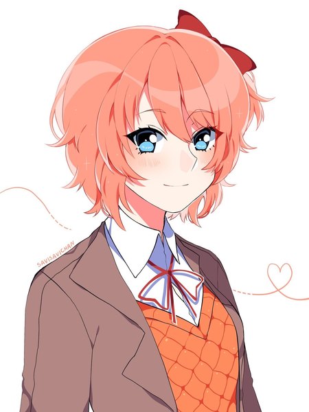 Anime-Bild 1280x1707 mit doki doki literature club sayori (doki doki literature club) savi (byakushimc) single tall image looking at viewer blush fringe short hair blue eyes simple background smile hair between eyes white background signed upper body long sleeves orange hair open clothes heart of string