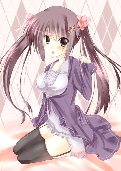 Anime picture 2149x3035 with original amane ruri single long hair tall image blush highres open mouth black hair sitting twintails green eyes hair flower girl thighhighs dress hair ornament black thighhighs