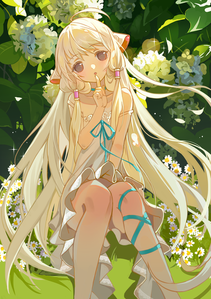 Anime picture 2480x3508 with chobits chii haitu single tall image looking at viewer highres blonde hair purple eyes ahoge very long hair head tilt sparkle finger to mouth strap slip girl dress flower (flowers) white dress hair tubes
