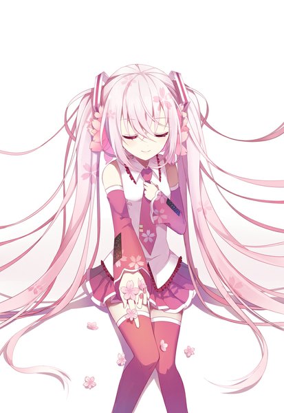 Anime picture 700x1017 with vocaloid hatsune miku sakura miku ling (sroin) single tall image simple background smile white background twintails pink hair eyes closed very long hair hair flower girl thighhighs hair ornament flower (flowers) detached sleeves petals