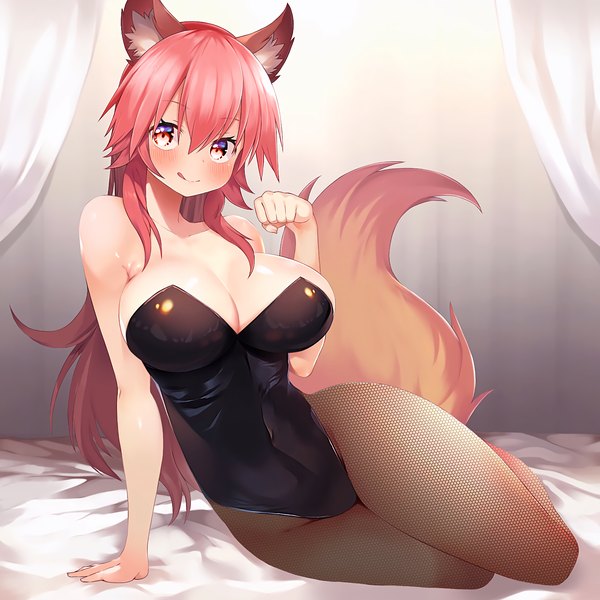 Anime picture 1600x1600 with fate (series) fate/extra tamamo (fate) (all) tamamo no mae (fate) sabi (rupf2384) single long hair looking at viewer blush fringe breasts light erotic smile hair between eyes large breasts sitting animal ears payot pink hair cleavage