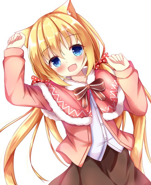 Anime picture 675x825 with original kedama (kedama akaza) single long hair tall image looking at viewer blush fringe open mouth blue eyes simple background blonde hair smile hair between eyes standing white background twintails animal ears payot head tilt