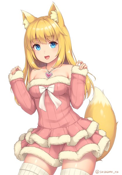 Anime picture 730x1044 with original sasaame single long hair tall image looking at viewer blush fringe open mouth blue eyes simple background blonde hair standing white background bare shoulders signed animal ears tail blunt bangs :d