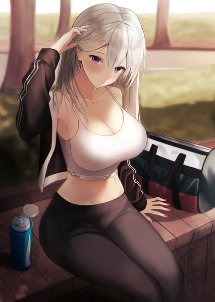 Anime picture 3322x4683 with original themaree single long hair tall image looking at viewer blush fringe highres breasts light erotic hair between eyes large breasts sitting purple eyes absurdres silver hair outdoors long sleeves nail polish