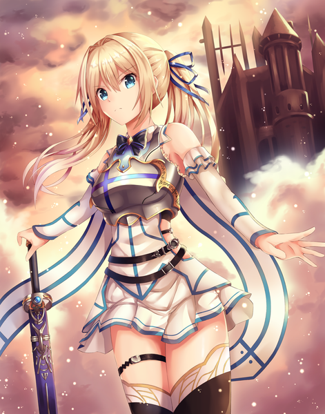 Anime-Bild 2800x3568 mit original amagi korona single long hair tall image looking at viewer fringe highres blue eyes blonde hair hair between eyes standing twintails cloud (clouds) wind zettai ryouiki spread arms frown :c girl