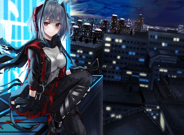 Anime picture 1500x1104 with arknights w (arknights) nicky w single looking at viewer blush fringe short hair breasts red eyes sitting holding cloud (clouds) ahoge bent knee (knees) outdoors long sleeves grey hair night arm support