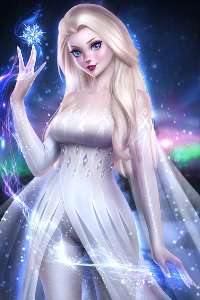 Anime picture 4000x6000 with frozen (disney) disney elsa (frozen) ayyasap single long hair tall image looking at viewer fringe highres breasts blue eyes light erotic blonde hair large breasts standing absurdres parted lips arm up fingernails