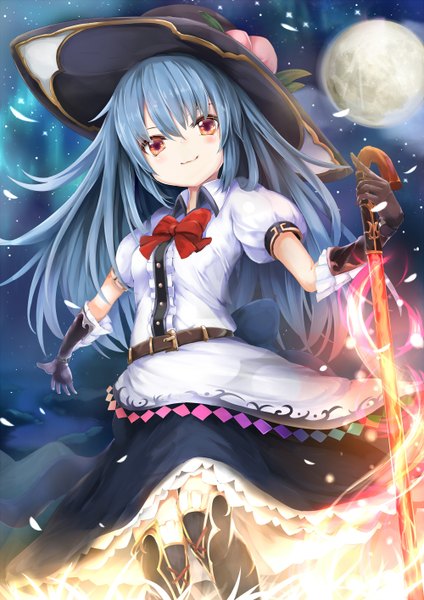 Anime picture 1000x1414 with touhou hinanawi tenshi umagenzin single long hair tall image blush fringe smile standing holding blue hair sky cloud (clouds) outdoors night from below short sleeves orange eyes outstretched arm