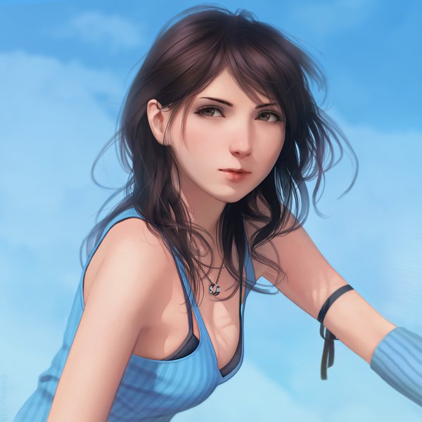 Anime picture 1400x1400 with final fantasy final fantasy viii square enix rinoa heartilly miura-n315 single long hair looking at viewer blush fringe breasts light erotic brown hair brown eyes sky cleavage cloud (clouds) upper body outdoors lips