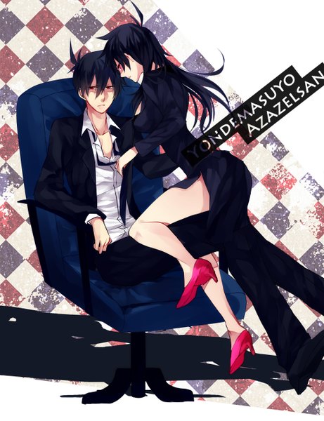 Anime picture 1000x1300 with yondemasu yo, azazel-san production i.g akutabe akuma ringo long hair tall image short hair black hair red eyes white background sitting from behind shadow couple back undressing open collar checkered background girl boy