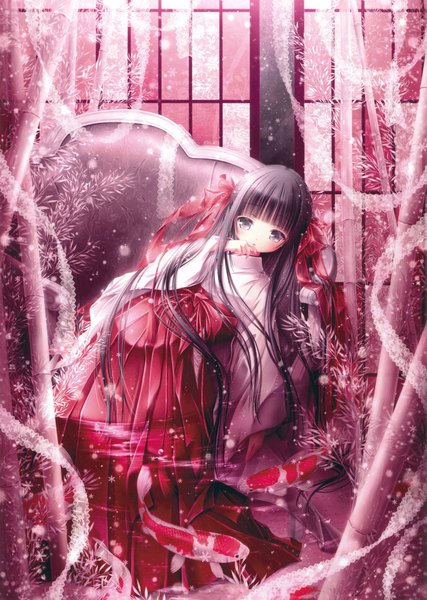 Anime picture 2351x3300 with original eshi 100-nin ten tinker bell single long hair tall image looking at viewer highres black hair traditional clothes japanese clothes scan official art grey eyes loli miko girl bow hair bow animal