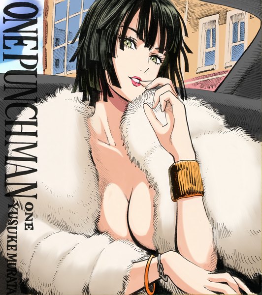 Anime picture 1354x1526 with one-punch man madhouse fubuki (one-punch man) murata yuusuke single tall image looking at viewer fringe short hair breasts light erotic black hair smile large breasts green eyes signed sky cloud (clouds) upper body parted lips