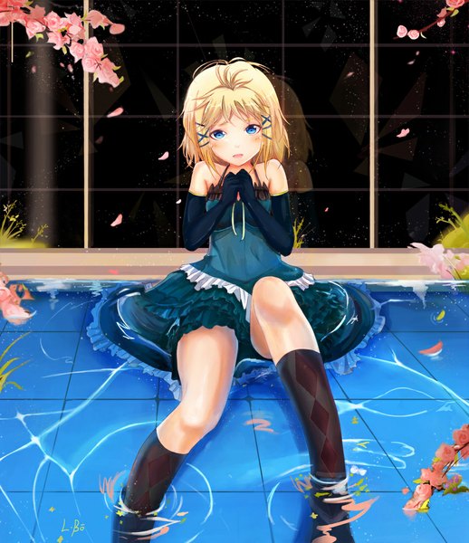 Anime picture 950x1100 with black bullet kinema citrus tina sprout l.bou single tall image looking at viewer blush short hair blue eyes blonde hair sitting bent knee (knees) girl dress gloves flower (flowers) petals water black gloves