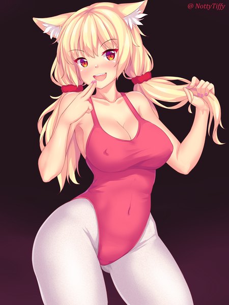 Anime picture 1200x1600 with original tiffy nottytiffy single long hair tall image looking at viewer blush fringe breasts open mouth light erotic blonde hair simple background smile hair between eyes red eyes large breasts standing twintails