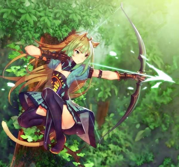 Anime picture 1070x1000 with fate (series) fate/grand order fate/apocrypha atalanta (fate) mckeee single long hair fringe breasts brown hair sitting holding green eyes animal ears cleavage full body ahoge outdoors tail animal tail