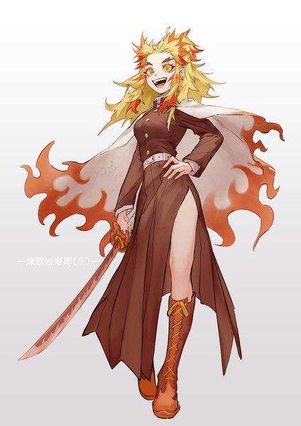 Anime picture 2480x3508 with kimetsu no yaiba ufotable rengoku kyoujurou kokorin single long hair tall image highres open mouth blonde hair simple background full body :d multicolored hair two-tone hair character names hand on hip gradient background eyebrows side slit