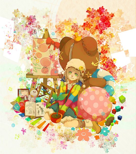 Anime picture 888x1000 with original anzu (astro75) single tall image fringe short hair blonde hair smile green eyes polka dot girl plant (plants) boots book (books) toy stuffed animal cap ball teddy bear badge