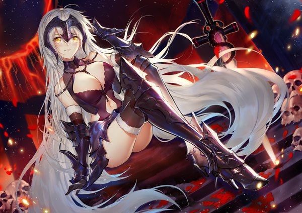 Anime picture 3508x2480 with fate (series) fate/grand order jeanne d'arc (fate) (all) jeanne d'arc alter (fate) jeanne d'arc alter (avenger) (third ascension) (fate) horz single looking at viewer blush fringe highres breasts light erotic smile large breasts sitting bare shoulders yellow eyes absurdres cleavage