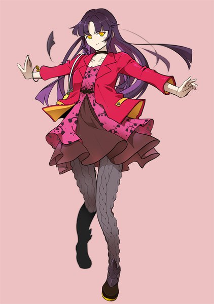 Anime picture 583x827 with fate (series) fate/grand order katou danzou (fate) suetake (kinrui) single long hair tall image looking at viewer fringe simple background standing yellow eyes purple hair full body light smile open jacket spread arms pink background girl dress