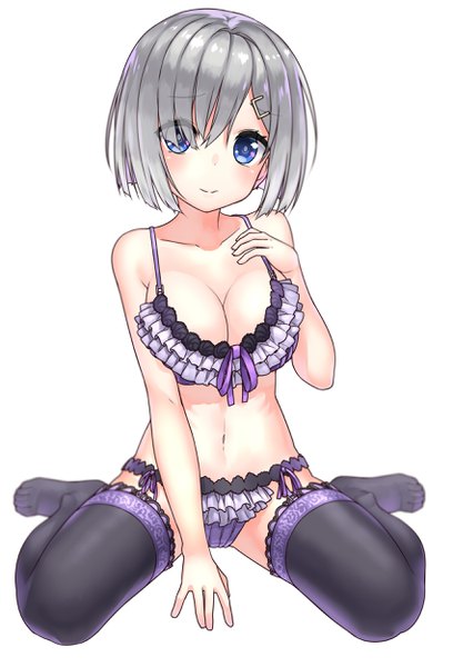 Anime picture 1700x2500 with kantai collection hamakaze destroyer harumaki haruki single tall image looking at viewer blush fringe short hair blue eyes light erotic simple background smile white background sitting bare shoulders full body grey hair hair over one eye no shoes
