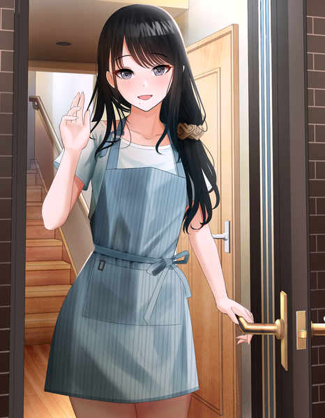 Anime picture 1279x1646 with idolmaster idolmaster shiny colors kazano hiori turisasu single long hair tall image looking at viewer blush fringe open mouth black hair smile standing :d arm up mole short sleeves grey eyes mole under mouth