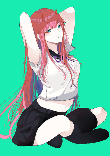 Anime picture 3507x4960 with darling in the franxx studio trigger zero two (darling in the franxx) mike.zen single long hair tall image looking at viewer blush fringe highres breasts simple background hair between eyes large breasts sitting payot pink hair absurdres full body