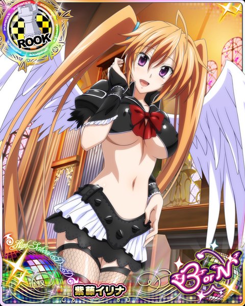 Anime picture 640x800 with highschool dxd shidou irina single tall image looking at viewer breasts open mouth light erotic brown hair purple eyes twintails very long hair midriff card (medium) girl thighhighs skirt navel miniskirt wings