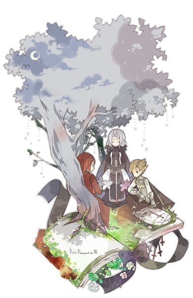 Anime picture 1300x2000 with original pixiv fantasia pixiv fantasia iii rinju umisu tall image blonde hair white background white hair red hair group chibi crescent flower (flowers) plant (plants) tree (trees) book (books) cross grave