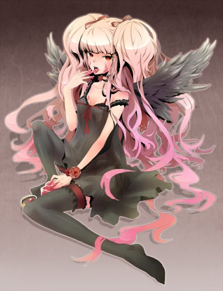 Anime picture 766x1000 with original plastick single tall image looking at viewer blush open mouth red eyes pink hair very long hair finger to mouth girl thighhighs dress black thighhighs wings tongue
