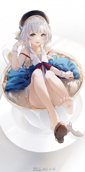 Anime picture 2979x6014 with genshin impact noelle (genshin impact) swkl:d single tall image blush highres short hair open mouth simple background sitting brown eyes signed looking away silver hair full body :d arm up bare legs sleeveless