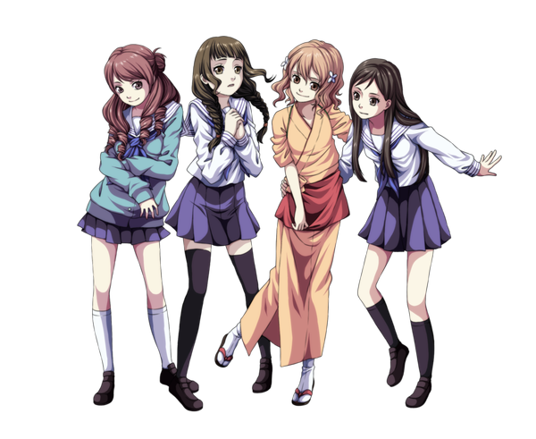 Anime picture 1024x838 with hanasaku iroha p.a. works matsumae ohana oshimizu nako tsurugi minko wakura yuina elehoernchen long hair short hair black hair brown hair multiple girls brown eyes braid (braids) japanese clothes drill hair transparent background girl thighhighs skirt