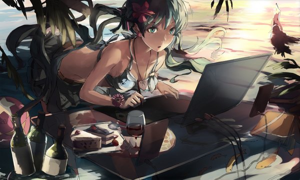 Anime picture 1678x1008 with vocaloid hatsune miku ooi choon liang single long hair open mouth wide image twintails aqua eyes aqua hair leaning leaning forward evening sunset drawing girl hair ornament swimsuit animal food