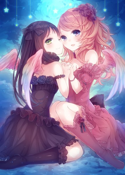 Anime picture 1000x1398 with original aquariumtama long hair tall image looking at viewer blush fringe blue eyes black hair sitting multiple girls pink hair one eye closed hair flower wink no shoes holding hands angel wings body blush girl