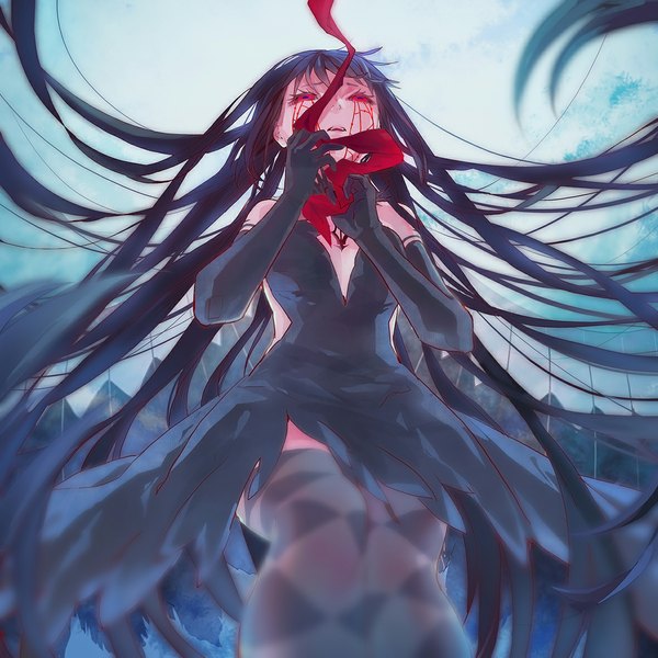 Anime picture 1181x1181 with mahou shoujo madoka magica shaft (studio) akemi homura homulilly fcsz3d1a single long hair fringe open mouth red eyes blue hair cleavage from below looking up girl thighhighs dress gloves ribbon (ribbons) black gloves