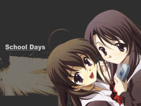 Anime picture 1280x960 with school days katsura kotonoha saionji sekai long hair short hair open mouth simple background brown hair purple eyes multiple girls purple hair ahoge inscription girl uniform 2 girls school uniform phone