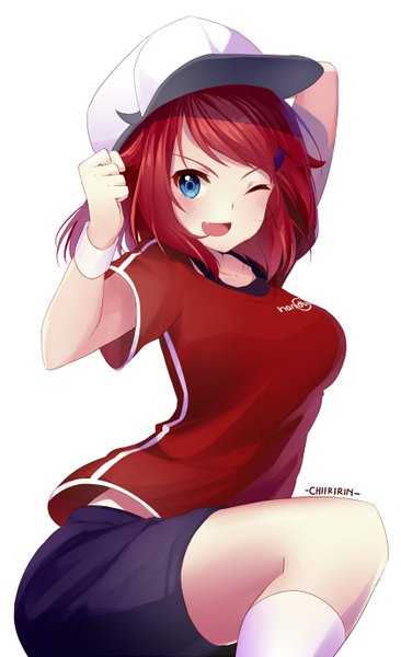 Anime picture 839x1375 with original chiiririn tall image open mouth blue eyes white background red hair one eye closed wink girl shorts flat cap