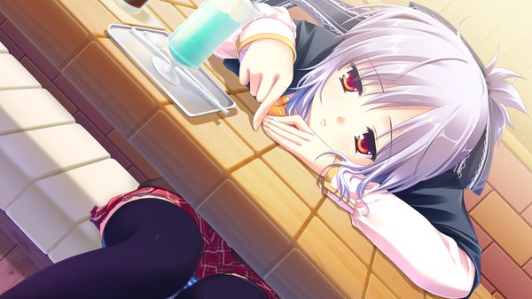 Anime picture 1024x576 with sugirly wish tsukigase anna short hair light erotic red eyes wide image game cg white hair pantyshot sitting girl thighhighs black thighhighs