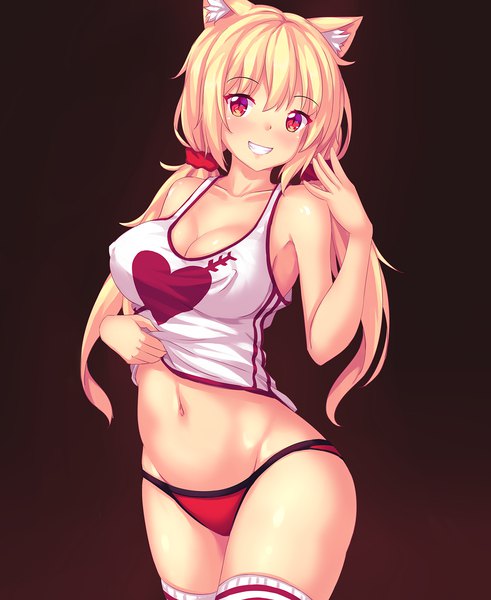 Anime picture 1200x1467 with original naala nottytiffy single long hair tall image looking at viewer blush fringe breasts light erotic blonde hair simple background smile hair between eyes red eyes standing twintails bare shoulders animal ears