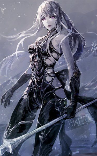Anime picture 625x1000 with final fantasy final fantasy xiv square enix omega (final fantasy) senano-yu single long hair tall image looking at viewer fringe simple background hair between eyes standing purple eyes bare shoulders holding ponytail parted lips wind lips