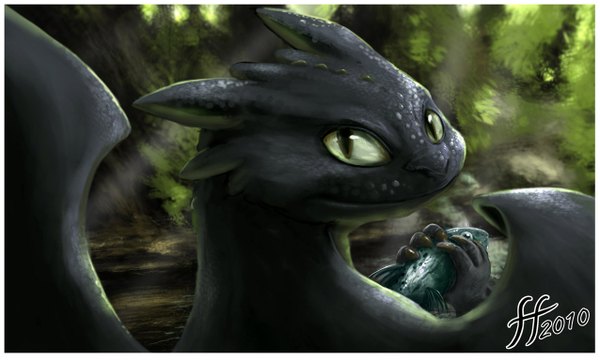 Anime picture 1276x767 with how to train your dragon dreamworks toothless 14-bis (artist) looking at viewer smile wide image green eyes no people dragon wings wings tree (trees) water fish (fishes) forest dragon claws