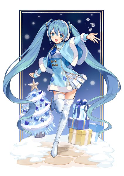 Anime picture 1200x1698 with vocaloid hatsune miku yuki miku urata asao single tall image looking at viewer fringe open mouth blue eyes hair between eyes standing twintails blue hair full body very long hair :d zettai ryouiki standing on one leg christmas