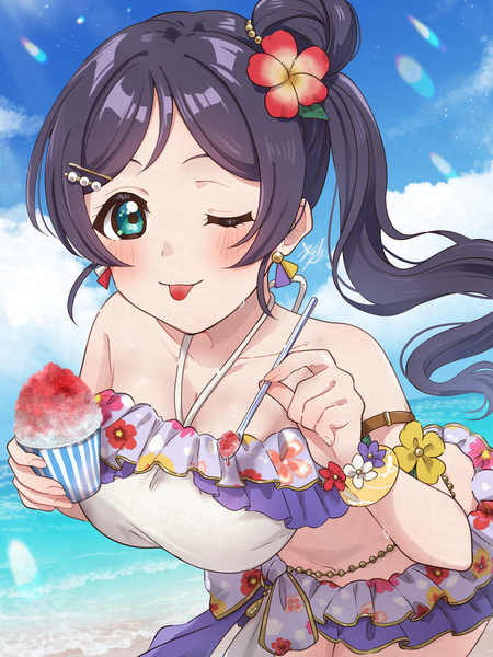 Anime picture 1875x2500 with love live! school idol project sunrise (studio) love live! toujou nozomi kyaku tasu single long hair tall image looking at viewer blush highres breasts light erotic smile large breasts standing green eyes sky purple hair cloud (clouds)
