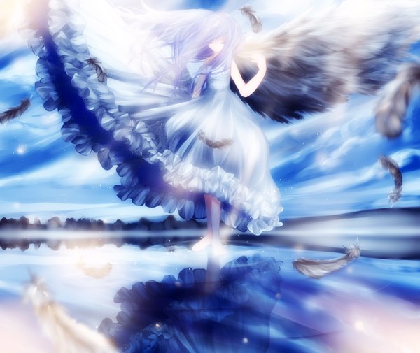 Anime picture 1900x1600 with shingo (feather) single long hair highres standing blue hair sky cloud (clouds) eyes closed wind sleeveless reflection girl dress wings feather (feathers) blue dress