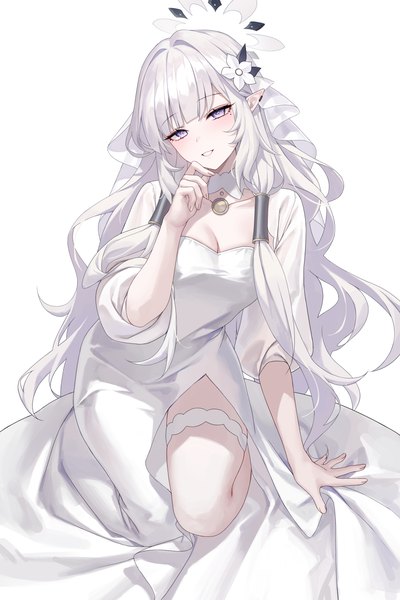 Anime-Bild 3000x4500 mit blue archive himari (blue archive) raki kr single long hair tall image looking at viewer blush fringe highres breasts simple background white background purple eyes cleavage full body white hair blunt bangs parted lips head tilt