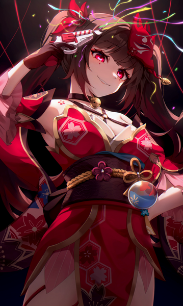 Anime picture 4896x8192 with honkai: star rail honkai (series) sparkle (honkai: star rail) aidaosamuaya single long hair tall image looking at viewer fringe highres breasts smile red eyes brown hair standing twintails bare shoulders payot absurdres cleavage