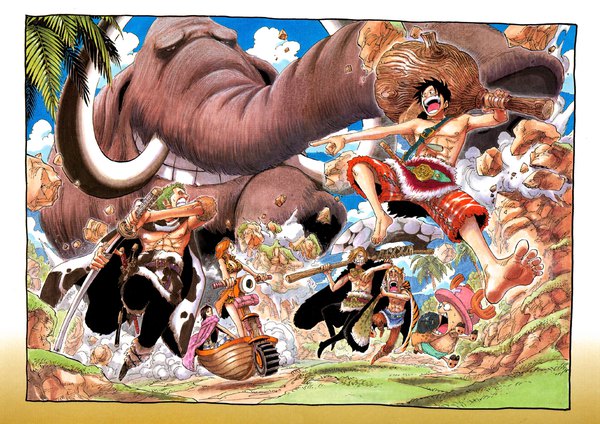 Anime picture 1961x1388 with one piece toei animation nami (one piece) monkey d. luffy nico robin roronoa zoro sanji tony tony chopper usopp oda eiichirou fringe highres short hair breasts open mouth black hair blonde hair smile standing sitting