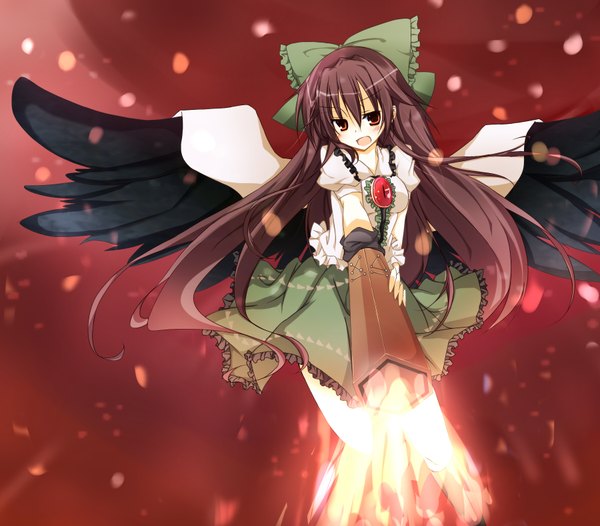 Anime picture 1800x1580 with touhou reiuji utsuho sakura-no single long hair blush highres open mouth black hair red eyes black wings arm cannon shot girl bow weapon hair bow wings