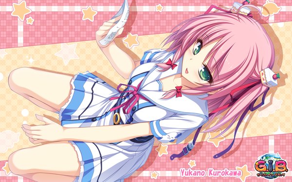 Anime picture 1920x1200 with g.i.b. girls in black kurokawa yukano tenmaso single looking at viewer blush highres short hair open mouth green eyes pink hair game cg wallpaper girl uniform hair ornament ribbon (ribbons) hair ribbon school uniform