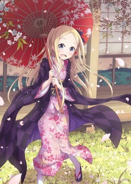 Anime picture 900x1260 with hanayamata madhouse hana n. fontainestand asakurashinji single long hair tall image looking at viewer blush open mouth blue eyes blonde hair traditional clothes japanese clothes girl flower (flowers) petals kimono